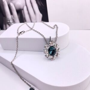 Floral Inspiration Dark Blue And Clear Crystals Silver Necklace